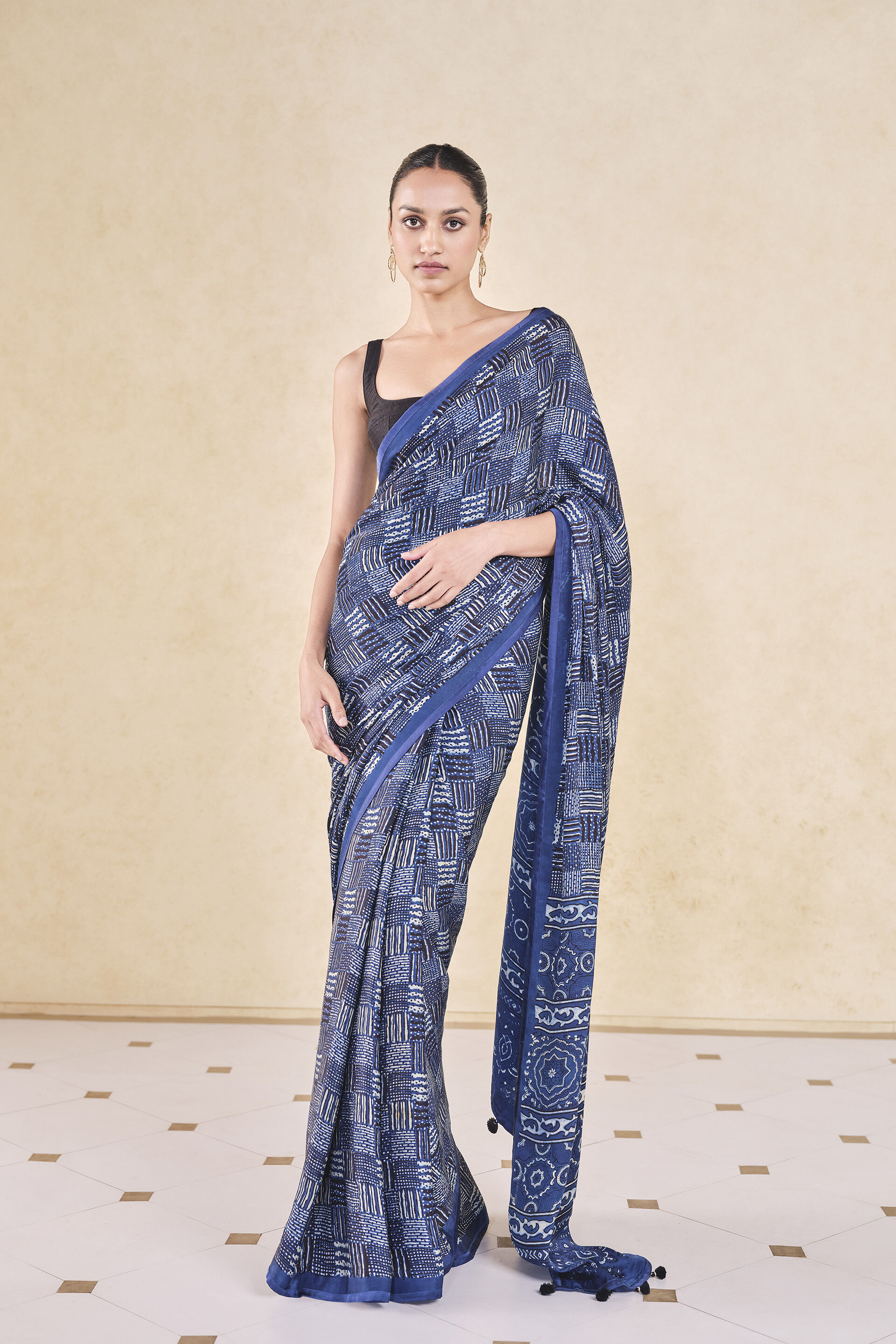 Junco Handcrafted Ajrakh Saree&nbsp;- Blue, Blue, image 1